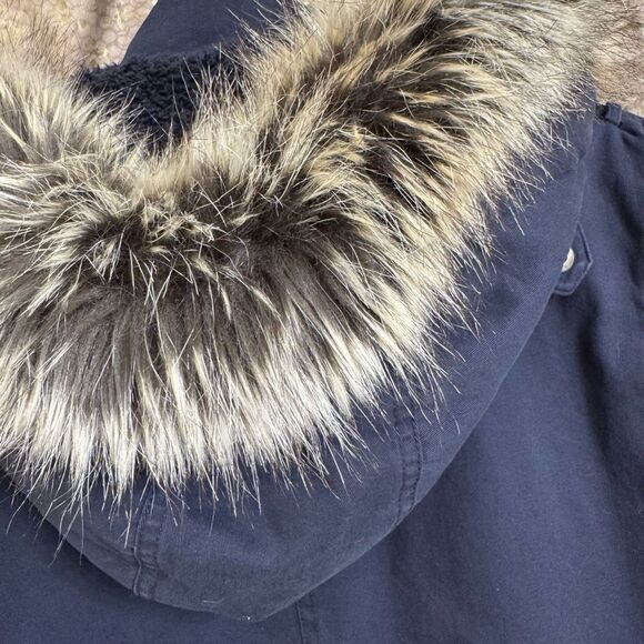 BCBGeneration Navy Blue Hooded Faux Fur Trim Anorak Parka Coat Large - Picture 6 of 10